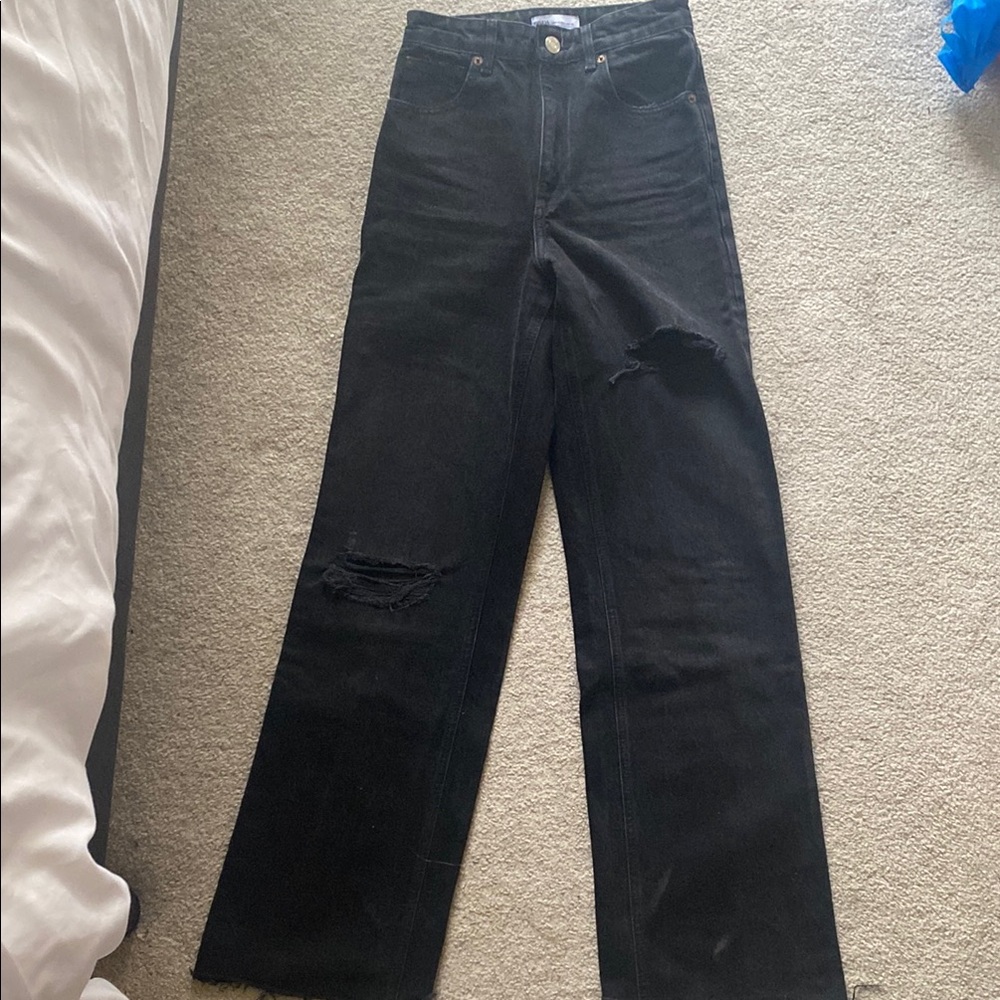 Zara Black Distressed High Waist Wide Leg Women's Jeans